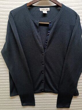 Cherokee Sweater Womens Medium Navy Blue Silk Knit Blend Button Up Cardigan
